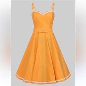 NWT Collectif Yellow Nova Heart Trim Swing Midi Dress Size XS 50’s Pin Up Style